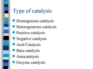 Type of catalysis
 Homogenous catalysis
 Heterogeneous catalysis
 Positive catalysis
 Negative catalysis
 Acid Catalysis
 Base catalysis
 Autocatalysis
 Enzyme catalysis
 