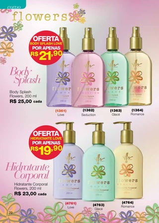 corpo

Glacé
Refrescante e suave,
                                                               Body Splash
                                                               Leve e suave, perfuma e prolonga
                                                               o frescor do pós-banho.
                                                               Ideal para uso abundante.
combina lírios, pera
e melão verde
                  OFERTA
                BODY SPLASH LOVE
                   POR APENAS
                  R$
                        21,90
   Body
    Hidratante
       Com textura leve e rápida

    Splash
       absorção, hidrata e perfuma
       suavemente a pele.
       Indicado para todos
       os tipos de pele.
   Body Splash
   Flowers, 200 ml
   R$ 25,00         cada

                                     (1361)           (1362)              (1363)         (1364)
                                      Love            Seduction            Glacé        Romance




                   OFERTA
                  HIDRATANTE LOVE
                   POR APENAS
                  R$
                       19,90
Hidratante
 Corporal
       Hidratante Corporal
       Flowers, 200 ml
       R$ 23,00        cada

                                             (4761)                                (4764)
                                                             (4763)                Romance
                                              Love
                                                               Glacé
  70
 