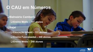 O CAU em Números
Balneário Camboriú
 Ensino Médio – 107 alunos
Itajaí
 Educação Infantil – 111 alunos
 Ensino Fundamental – 448 alunos
 Ensino Médio – 248 alunos
 