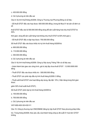 c. 430.000.000 đồng
d. Cả 3 phương án trên đều sai
Câu 8. Kỳ tính thuế tháng 8/2009, Công ty Thương mại Phương Đông có số liệu:
- Số thuế GTGT đầu vào hợp được: 600.000.000 đồng ( trong đó Mua 01 tài sản cố định có
số
thuế GTGT đầu vào là 500.000.000 đồng dùng để sản xuất hàng hoá chịu thuế GTGT là
50%
thời gian; dùng để sản xuất hàng hoá không chịu thuế GTGT là 50% thời gian.)
- Số thuế GTGT đầu ra tập hợp được: 700.000.000 đồng
Số thuế GTGT đầu vào được khấu trừ kỳ tính thuế tháng 8/2009 là:
a. 600.000.000 đồng
b. 110.000.000 đồng
c. 350.000.000 đồng
d. Cả 3 phương án trên đều sai
Câu 9. Kỳ tính thuế tháng 6/2009. Công ty Xây dựng Thăng Tiến có số liệu sau:
- Hoàn thành bàn giao các công trình, giá trị xây lắp chưa thuế GTGT : 12.000.0000.000
đồng
- Thuế GTGT đầu vào được khấu trừ : 500.000.000 đồng.
- Thuế GTGT còn phải nộp đầu kỳ tính thuế tháng 6/2009: 0 đồng
- Thuế suất thuế GTGT của hoạt động xây dựng, lắp đặt: 10% ( Hiện đang trong thời gian
được
giảm 50% thuế suất thuế GTGT).
Số thuế GTGT phải nộp kỳ tính thuế tháng 6/2009 là:
a. 100.000.000 đồng
b. 700.000.000 đồng
c. Cả 2 phương án trên đều sai
VAT=800-400+30=430 t11
Câu 10. Công ty thương mại VINCOMAIE đăng ký nộp thuế GTGT theo phương pháp khấu
trừ. Trong tháng 8/2009, theo yêu cầu của khách hàng công ty đã xuất 01 hoá đơn GTGT
không
 