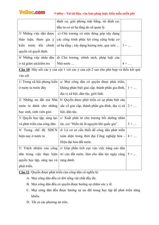 VnDoc - Tải tài liệu, văn bản pháp luật, biểu mẫu miễn phí
định cư, giải phóng mặt bằng, tái định cư,
đầu tư cơ sở hạ tầng do xã quản lý.
3/ Những việc dân được
thảo luận, tham gia ý
kiến trước khi chính
quyền xã quyết định.
c) Chủ trương và mức đóng góp xây dựng
các công trình phúc lợi công cộng hoặc cơ
sở hạ tầng ; xây dựng hương ước, quy ước ... 3 + …
4/ Những việc nhân dân
ở xã giám sát,kiểm tra
d) Chủ trương, chính sách, pháp luật của
Nhà nước ... 4 + …
Câu 10: Hãy nối các ý của cột 1 với các ý của cột 2 sao cho phù hợp và điền kết quả
vào cột
1/ Trong xã hội phong kiến
ở nước ta trước đây
a/ Mọi công dân có quyền được phát triển,
không phân biệt giai cấp, thành phần gia đình,
địa vị xã hội, dân tộc, giới tính.
1 + …
2/ Những ưu đãi mà Nhà
nước ta dành cho những
học sinh, sinh viên giỏi.
b/ Quyền được phát triển có sự phân biệt sâu
sắc về giai cấp, thành phần gia đình, địa vị xã
hội, dân tộc.
2 + …
3/ Quyền học tập, sáng tạo
và phát triển của công dân.
c/ Xuất phát từ chủ trương bồi dưỡng nhân
tài, coi “Hiền tài là nguyên khí quốc gia”. 3 + …
4/ Trong chế độ XHCN
hiện nay ở nước ta
d/ Là cơ sở cần thiết để công dân phát triển
toàn diện trong thời đại Công nghiệp hòa -
Hiện đại hóa đất nước.
4 + …
5/ Trách nhiệm của công
dân trong việc thực hiện
quyền học tập, sáng tạo và
phát triển.
e/ Góp phần tích cực vào việc nâng cao dân
trí của đất nước, làm cho dân tộc ngày càng
rạng danh.
5 + …
Câu 11: Quyền được phát triển của công dân có nghĩa là:
A. Mọi công dân đều có đời sống vật chất đầy đủ.
B. Mọi công dân đều có quyền được hưởng sự chăm sóc y tế.
C. Mọi công dân đều được hưởng sự ưu đãi trong học tập để phát triển năng
khiếu.
D. Tất cả các phương án trên.
 