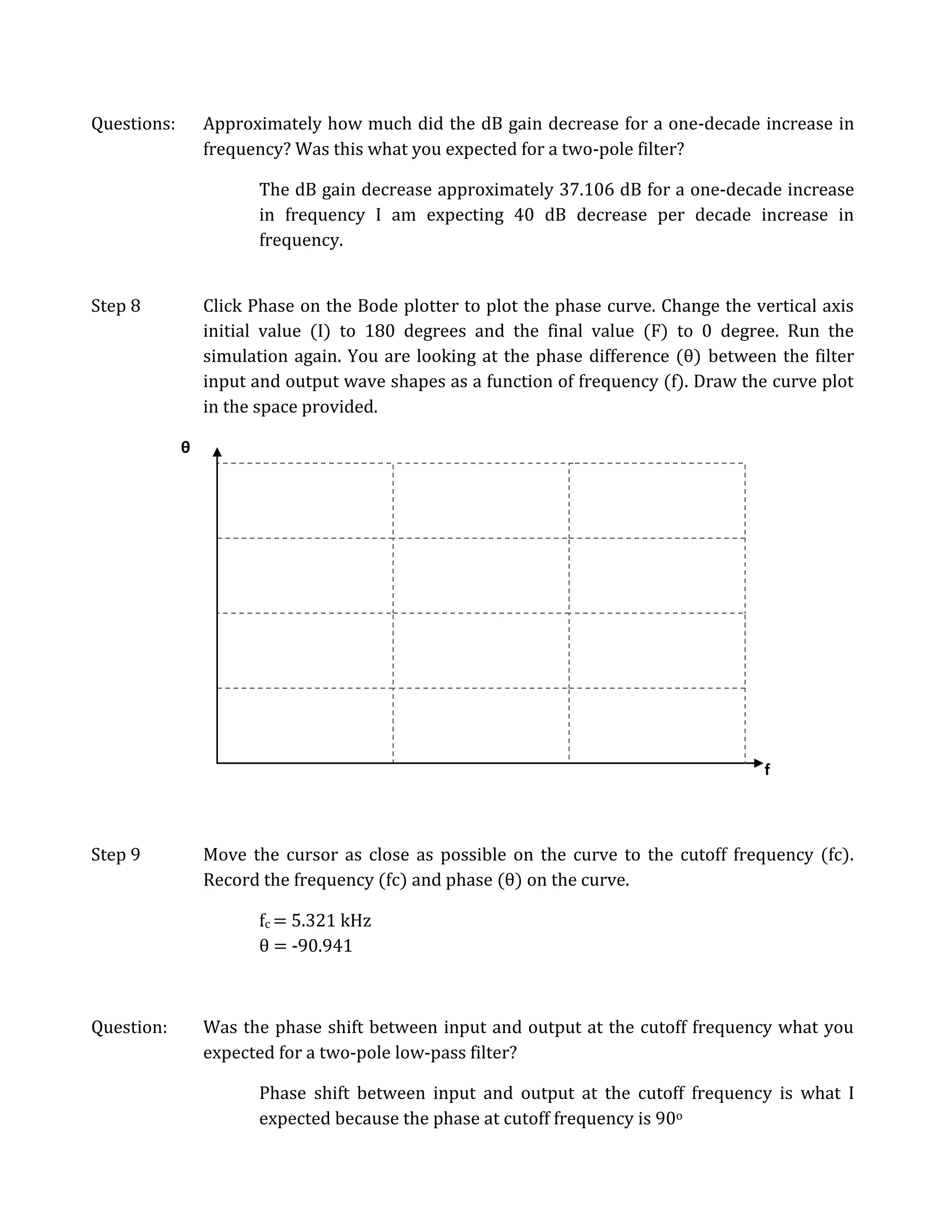 Questions:       Approximately how much did the dB gain decrease for a one-decade increase in
                 frequency? Was this what you expected for a two-pole filter?

                       The dB gain decrease approximately 37.106 dB for a one-decade increase
                       in frequency I am expecting 40 dB decrease per decade increase in
                       frequency.


Step 8           Click Phase on the Bode plotter to plot the phase curve. Change the vertical axis
                 initial value (I) to 180 degrees and the final value (F) to 0 degree. Run the
                 simulation again. You are looking at the phase difference (θ) between the filter
                 input and output wave shapes as a function of frequency (f). Draw the curve plot
                 in the space provided.

             θ




                                                                                      f



Step 9           Move the cursor as close as possible on the curve to the cutoff frequency (fc).
                 Record the frequency (fc) and phase (θ) on the curve.

                       fc = 5.321 kHz
                       θ = -90.941



Question:        Was the phase shift between input and output at the cutoff frequency what you
                 expected for a two-pole low-pass filter?

                       Phase shift between input and output at the cutoff frequency is what I
                       expected because the phase at cutoff frequency is 90o
 
