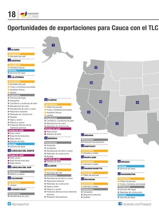 18
Oportunidades de exportaciones para Cauca con el TLC
Alaska
Agroindustria
■	Derivados del café
Arizona
Agroindustria
■	Hortalizas frescas
Servicios
■	Servicios de Salud
California
Agroindustria
■	Derivados del café
■	Frutas y hortalizas procesadas
■	Hortalizas frescas
■	Lácteos
Manufacturas
■	Artículos del hogar
■	Autopartes
■	Cosméticos y productos de aseo
■	Manufacturas de cuero
■	Manufacturas de hierro o acero
■	Maquinaria industrial
■	Materiales de construcción
■	Muebles
■	Papel y cartón
■	Plástico y caucho
■	Productos diversos de las
	 industrias químicas
Prendas de vestir
■	Ropa casual
■	Ropa formal masculina
■	Ropa interior
■	Vestidos de baño
Servicios
■	Servicios de Salud
Carolina del Norte
Prendas de vestir
■	Ropa casual
■	Ropa formal masculina
■	Ropa interior
Carolina del Sur
Manufacturas
■	Plástico y caucho
Colorado
Agroindustria
■	Lácteos
Connecticut
Manufacturas
■	Manufacturas de cuero
Indiana
Manufacturas
■	Productos farmacéuticos
Kentucky
Agroindustria
■	Azúcares y mieles
Maryland
Agroindustria
■	Azúcares y mieles
Massachusetts
Agroindustria
■	Filetes de pescado
Michigan
Agroindustria
■	Azúcares y mieles
Manufacturas
■	Autopartes
■	Maquinaria industrial
■	Muebles
Nevada
Servicios
■	Servicios de Salud
Washington
Agroindustria
■	Filetes de pescado
■	Frutas y hortalizas procesadas
Manufacturas
■	Artículos del hogar
■	Materiales de construcción
Servicios
■	Servicios de Salud
1
2
3
8
4
9
10
5
7
6
11
12
13
14
15
16
17
Florida
Agroindustria
■	Filetes de pescado
■	Frutas y hortalizas procesadas
■	Hortalizas frescas
■	Lácteos
Manufacturas
■	Cosméticos y productos de aseo
■	Manufacturas de cuero
■	Materiales de construcción
Prendas de vestir
■	Ropa casual
■	Vestidos de baño
Georgia
Manufacturas
■	Artesanías
■	Autopartes
■	Manufacturas de hierro o acero
■	Materiales de construcción
■	Muebles
Prendas de vestir
■	Vestidos de baño
Illinois
Agroindustria
■	Derivados del café
Manufacturas
■	Manufacturas de hierro o acero
■	Maquinaria industrial
■	Materiales de construcción
■	Papel y cartón
■	Plástico y caucho
■	Productos diversos de las industrias 	
	químicas
■	Productos farmacéuticos
17
22
3
16
2
6
1
 