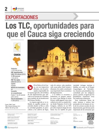 2
cauca
Fuente: DANE, Cepal
*PIB a Precios Corrientes 2012
TRM $1.798 COP por USD
Ministro de Comercio, Industria y Turismo
SANTIAGO ROJAS
Presidenta de Proexport Colombia
MARÍA CLAUDIA LACOUTURE
Vicepresidente de Exportaciones
RICARDO VALLEJO
Vicepresidente de Inversión
JUAN CARLOS GONZÁLEZ
Vicepresidente de Turismo
ENRIQUE STELLABATTI
Vicepresidenta de Planeación
MARÍA CECILIA OBANDO
Gerente de Mercadeo y Comunicaciones
DIANA HERAZO
Coordinador de Comunicaciones
JAVIER HÉNDEZ
Directora de Información Comercial
CLAUDIA BEDOYA ZAPATA
Contenido
Información Comercial
Redacción y Edición
SONIA LÓPEZ ORTIZ
regina matta
Dirección
Calle 28 No. 13 A – 15
Teléfono
560 0100
Fotos
Proexport Colombia
Población:
1.379.169 (2015e)
PIB* departamental
US$5.106 millones (2012)
% PIB nacional:
1,4% (2012)
PIB* Per cápita
US$3.803 (2012)
Capital:
Popayán
Número de municipios:
42
Escalafón
de competitividad:
Puesto 17 de 29 nacional
(2012-2013)
Tasa de desempleo:
11,6% (2012)
Los TLC, oportunidades para
que el Cauca siga creciendo
El río Patía y el río Cau-
ca, con sus respectivos
afluentes, son los prin-
cipales responsables de
la riqueza agrícola y de la belleza
de este departamento que, ubi-
cado en el suroeste de Colombia,
goza también de las bendiciones
del Océano Pacífico.
La riqueza agrícola se ve re-
flejada en aquellos parajes an-
cestrales donde se lleva a cabo
la actividad ganadera, la pisci-
cultura y los cultivos de fique,
caña de azúcar, caña panelera,
café, cacao, piña, frijol, tomate y
ahuyama, los cuales constituyen
una importante base económica
del departamento.
Y la belleza se encuentra a
borbotones en parques natura-
les como el que alberga al volcán
Puracé, noble gigante cuya cima
cubierta de nieve se puede divi-
sar desde Popayán; el de la isla
Gorgona, cubierta en un 85%
por selva tropical y hogar de una
fauna rica en reptiles de gran
variedad, tortugas marinas y
babillas, así como en el Parque
Arqueológico de Tierraden-
tro, herencia precolombina hoy
custodiada por los indígenas
paeces, quienes, al igual que los
guambianos, mantienen vivas
sus tradiciones milenarias.
Esas tradiciones llenas de
color, texturas y mística han
permeado de tal manera al res-
to de los actores sociales de este
departamento, que forman parte
importante de las artesanías que
EXPORTACIONES
ESCANEAR EL
CÓDIGO PARA
DESCARGAR ESTA
PUBLICACIÓN
 