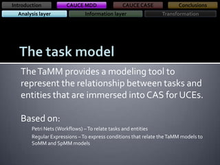 Introduction
Analysis layer

CAUCE MDD

CAUCE CASE

Information layer

Conclusions
Transformation

The TaMM provides a modeling tool to
represent the relationship between tasks and
entities that are immersed into CAS for UCEs.

Based on:
Petri Nets (Workflows) – To relate tasks and entities
Regular Expressions – To express conditions that relate the TaMM models to
SoMM and SpMM models

 