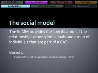 Introduction
Analysis layer

CAUCE MDD

CAUCE CASE

Information layer

Conclusions
Transformation

The SoMM provides the specification of the
relationships among individuals and group of
individuals that are part of a CAS.

Based on
Subset of Penichet’s Organization Structure Diagram (OSD)

 