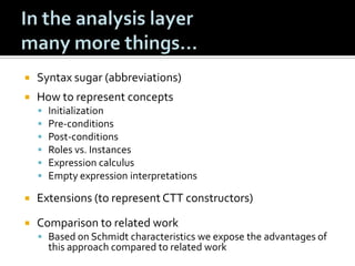

Syntax sugar (abbreviations)



How to represent concepts







Initialization
Pre-conditions
Post-conditions
Roles vs. Instances
Expression calculus
Empty expression interpretations



Extensions (to represent CTT constructors)



Comparison to related work
 Based on Schmidt characteristics we expose the advantages of

this approach compared to related work

 