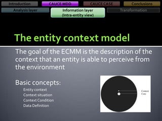 Introduction

CAUCE MDD

Analysis layer

CAUCE CASE

Information layer
(Intra-entity view)

Conclusions
Transformation

The goal of the ECMM is the description of the
context that an entity is able to perceive from
the environment
Basic concepts:
Entity context
Context situation
Context Condition
Data Definition

 