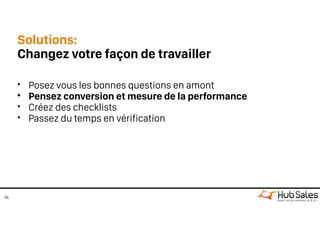 Solutions:
Changez votre façon de travailler
36
• Posez vous les bonnes questions en amont
• Pensez conversion et mesure de la performance
• Créez des checklists
• Passez du temps en vérification
 