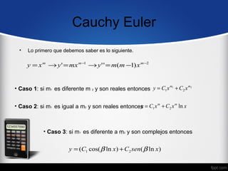 Cauchy Euler
  •   Lo primero que debemos saber es lo siguiente.

      y = x m → y ' = mx m −1 → y ' ' = m( m −1) x m −2


• Caso 1: si m1 es diferente m 2 y son reales entonces y = C1 x 1 + C2 x 2
                                                               m        m




• Caso 2: si m1 es igual a m2 y son reales entonces = C1 x m + C2 x m ln x
                                                  y



            • Caso 3: si m1 es diferente a m2 y son complejos entonces


                       y = (C1 cos( β ln x ) + C2 sen( β ln x )
 