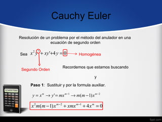Cauchy Euler

Resolución de un problema por el método del anulador en una
                ecuación de segundo orden

Sea   x 2 y '' + xy '+4 y = 0      Homogénea


                          Recordemos que estamos buscando
 Segundo Orden
                                            y

      Paso 1: Sustituir y por la formula auxiliar.

       y = x m → y ' = mx m −1 → m(m − 1) x m −2

      x 2 m(m − 1) x m − 2 + xmx m −1 + 4 x m = 0
 