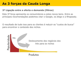 As 3 forças da Cauda Longa   3ª Ligação entre a oferta e demanda (filtros) Esta 3ª força apresenta os consumidores a estes novos bens. Entre as principais recomendações podemos citar o Google, os  blogs  e a Rhapsody. O resultado de tudo isso para os clientes é reduzir os “custos de busca” para encontrar o conteúdo dos nichos. Deslocamento dos negócios dos  hits  para os nichos 
