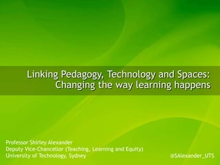 Linking Pedagogy, Technology and Spaces:
              Changing the way learning happens




Professor Shirley Alexander
Deputy Vice-Chancellor (Teaching, Learning and Equity)
University of Technology, Sydney                         @SAlexander_UTS
 