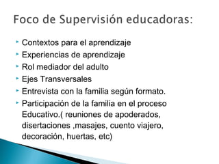  Contextos para el aprendizaje
 Experiencias de aprendizaje
 Rol mediador del adulto
 Ejes Transversales
 Entrevista con la familia según formato.
 Participación de la familia en el proceso
Educativo.( reuniones de apoderados,
disertaciones ,masajes, cuento viajero,
decoración, huertas, etc)
 
