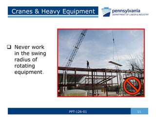 Cranes & Heavy Equipment
 Never work
in the swing
radius of
rotating
equipment.
11
PPT-126-01
 