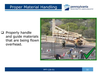 Proper Material Handling
 Properly handle
and guide materials
that are being flown
overhead.
32
PPT-126-01
 