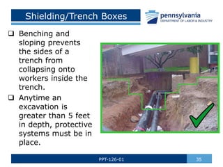 Shielding/Trench Boxes
 Benching and
sloping prevents
the sides of a
trench from
collapsing onto
workers inside the
trench.
 Anytime an
excavation is
greater than 5 feet
in depth, protective
systems must be in
place.
35
PPT-126-01
 