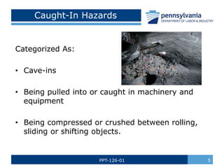 Categorized As:
• Cave-ins
• Being pulled into or caught in machinery and
equipment
• Being compressed or crushed between rolling,
sliding or shifting objects.
Caught-In Hazards
PPT-126-01 5
 