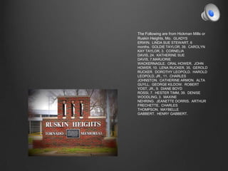 The Following are from Hickman Mills or
Ruskin Heights, Mo. GLADYS
ERWIN. LINDA SUE STEWART, 6
months. GOLDIE TAYLOR, 39. CAROLYN
KAY TAYLOR, 3. CORNELIA
DAVIS, 24. KATHERINE SUE
DAVIS, 7.MARJORIE
WACKERNAGLE. ORAL HOWER. JOHN
HOWER, 10. LENA RUCKER, 35. GEROLD
RUCKER. DOROTHY LEOPOLD. HAROLD
LEOPOLD, JR., 11. CHARLES
JOHNSTON. CATHERINE ARMON. ALTA
GUYLL. GEORGE KILDOW. ROBERT
YOST, JR., 9. DIANE BOYD
ROSSI, 7. HESTER TIMM, 39. DENISE
WOODLING, 3. MAXINE
NEHRING. JEANETTE DORRIS. ARTHUR
FRECHETTE. CHARLES
THOMPSON. MAYBELLE
GABBERT. HENRY GABBERT.
 