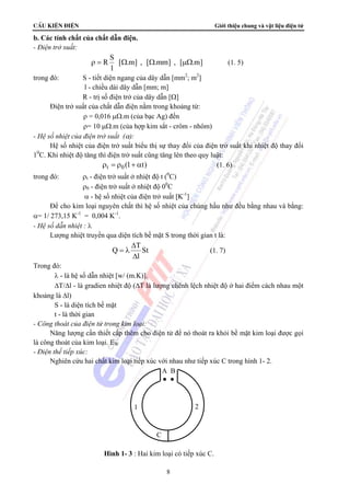 CÊu kiÖn ®iÖn Giới thiệu chung và vật liệu điện tử 
8 
b. Các tính chất của chất dẫn điện. 
- Điện trở suất: 
R S [ .m] , [ .mm] , [ .m] 
l 
ρ = Ω Ω μΩ (1. 5) 
trong đó: S - tiết diện ngang của dây dẫn [mm2; m2] 
l - chiều dài dây dẫn [mm; m] 
R - trị số điện trở của dây dẫn [Ω] 
Điện trở suất của chất dẫn điện nằm trong khoảng từ: 
ρ = 0,016 μΩ.m (của bạc Ag) đến 
ρ= 10 μΩ.m (của hợp kim sắt - crôm - nhôm) 
- Hệ số nhiệt của điện trở suất (α): 
Hệ số nhiệt của điện trở suất biểu thị sự thay đổi của điện trở suất khi nhiệt độ thay đổi 
10C. Khi nhiệt độ tăng thì điện trở suất cũng tăng lên theo quy luật: 
ρt = ρ0 (1+ αt) (1. 6) 
trong đó: ρt - điện trở suất ở nhiệt độ t (0C) 
ρ0 - điện trở suất ở nhiệt độ 00C 
α - hệ số nhiệt của điện trở suất [K-1] 
Để cho kim loại nguyên chất thì hệ số nhiệt của chúng hầu như đều bằng nhau và bằng: 
α= 1/ 273,15 K-1 = 0,004 K-1. 
- Hệ số dẫn nhiệt : λ 
Lượng nhiệt truyền qua diện tích bề mặt S trong thời gian t là: 
Q T St 
l 
Δ 
= λ 
Δ 
(1. 7) 
Trong đó: 
λ - là hệ số dẫn nhiệt [w/ (m.K)]. 
ΔT/Δl - là gradien nhiệt độ (ΔT là lượng chênh lệch nhiệt độ ở hai điểm cách nhau một 
khoảng là Δl) 
S - là diện tích bề mặt 
t - là thời gian 
- Công thoát của điện tử trong kim loại: 
Năng lượng cần thiết cấp thêm cho điện tử để nó thoát ra khỏi bề mặt kim loại được gọi 
là công thoát của kim loại. EW 
- Điện thế tiếp xúc: 
Nghiên cứu hai chất kim loại tiếp xúc với nhau như tiếp xúc C trong hình 1- 2. 
A B 
1 2 
C 
Hình 1- 3 : Hai kim loại có tiếp xúc C. 
 