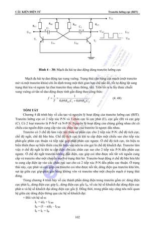 CÊu kiÖn ®iÖn tö Tranzito lưỡng cực (BJT) 
RB2 RB1 C2 
Ura1 Ura2 
UB1 UB2 
Mạch đa hài tự dao động tạo xung vuông. Trạng thái cân bằng của mạch (một tranzito 
mở và một tranzito khóa) chỉ ổn định trong một thời gian hạn chế nào đó, rồi tự động lật sang 
trạng thái kia và ngược lại (hai tranzito thay nhau thông, tắt). Trên lối ra ta lấy được chuỗi 
xung vuông có tần số dao động được tính gần đúng theo công thức: 
1 1 
T R C R C 
= = (4. 48) 
2 1 1 2 0,69 0,69 
102 
f 
B B + 
TÓM TẮT 
Chương 4 đã trình bày về cấu tạo và nguyên lý hoạt động của tranzito lưỡng cực (BJT). 
Tranzito lưỡng cực có 2 tiếp xúc P-N và 3 chân cực là cực phát (E), cực gốc (B) và cực góp 
(C). Có 2 loại tranzito là P-N-P và N-P-N. Nguyên lý hoạt động của chúng giống nhau chỉ có 
chiều của nguồn điện cung cấp vào các chân cực của tranzito là ngược dấu nhau. 
Tranzito có 3 chế độ làm việc tùy theo sự phân cực cho 2 tiếp xúc P-N: chế độ tích cực, 
chế độ ngắt, chế độ bão hòa. Chế độ tích cực là khi ta cấp điện một chiều sao cho tiếp xúc 
phát-gốc phân cực thuận và tiếp xúc góp-phát phân cực ngược. Ở chế độ tích cực, tín hiệu ra 
biến thiên theo sự biến thiên của tín hiệu vào nên ta còn gọi là chế độ khuếch đại. Tranzito làm 
việc ở chế độ ngắt là khi ta cấp điện cho các chân cực sao cho 2 tiếp xúc P-N đều phân cực 
ngược. Ở chế độ ngắt tranzito không dẫn điện, cực góp coi như được nối tắt với nguồn cung 
cấp và tranzito như một chuyển mạch ở trạng thái hở. Tranzito hoạt động ở chế độ bão hòa khi 
ta cung cấp điện áp vào các chân cực sao cho cả 2 tiếp xúc P-N đều phân cực thuận. Ở trạng 
thái này, cực phát và cực góp của tranzito coi như được nối tắt, dòng điện qua tranzito khá lớn, 
sụt áp giữa cực góp-phát gần bằng không vôn và tranzito như một chuyển mạch ở trạng thái 
đóng. 
Trong chương 4 trình bày về các thành phần dòng điện trong tranzito gồm có: dòng điện 
cực phát IE, dòng điện cực góp IC, dòng điện cực gốc IB, về các hệ số khuếch đại dòng điện cực 
phát α và hệ số khuếch đại dòng điện cực gốc β. Đồng thời, trong phần này cũng nêu mối quan 
hệ giữa các dòng điện thông qua các hệ số khuếch đại: 
+ Đối với hệ số α: 
IC = αIE + ICB0 
IB = (1 – α)IE – ICB0 
IE = IC + IB 
UCC 
RC1 C1 
RC2 
T1 T2 
UCC 
Ubh 
Hình 4 – 30: Mạch đa hài tự dao động dùng tranzito lưỡng cực 
 