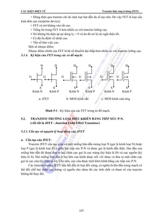 CẤU KIỆN ĐIỆN TỬ Tranzito hiệu ứng trường (FET) 
+ Dòng điện qua tranzito chỉ do một loại hạt dẫn đa số tạo nên. Do vậy FET là loại cấu 
D D D D D D 
G G G G G G 
S S S S S S 
Kênh N Kênh P Kênh N Kênh P Kênh N Kênh P 
a- JFET b- MOS kênh sẵn c- MOS kênh cảm ứng 
Hình 5-1 : Ký hiệu của các FET trong sơ đồ mạch. 
107 
kiện đơn cực (unipolar device). 
+ FET có trở kháng vào rất cao. 
+ Tiếng ồn trong FET ít hơn nhiều so với tranzito lưỡng cực. 
+ Nó không bù điện áp tại dòng ID = 0 và do đó nó là cái ngắt điện tốt. 
+ Có độ ổn định về nhiệt cao. 
+ Tần số làm việc cao. 
Một số nhược điểm: 
Nhược điểm chính của FET là hệ số khuếch đại thấp hơn nhiều so với tranzito lưỡng cực. 
5.1.4. Ký hiệu của FET trong các sơ đồ mạch: 
5.2. TRANZITO TRƯỜNG LOẠI ĐIỀU KHIỂN BẰNG TIẾP XÚC P-N. 
(viết tắt là JFET - Junction Field Effect Transistor) 
5.2.1. Cấu tạo và nguyên lý hoạt động của JFET 
a. Cấu tạo của JFET: 
Tranzito JFET cấu tạo gồm có một miếng bán dẫn mỏng loại N (gọi là kênh loại N) hoặc 
loại P (gọi là kênh loại P) ở giữa hai tiếp xúc P-N và được gọi là kênh dẫn điện. Hai đầu của 
miếng bán dẫn đó được đưa ra hai chân cực gọi là cực máng (ký hiệu là D) và cực nguồn (ký 
hiệu là S). Hai miếng bán dẫn ở hai bên của kênh được nối với nhau và đưa ra một chân cực 
gọi là cực cửa (ký hiệu là G). Cho nên, cực cửa được tách khỏi kênh bằng các tiếp xúc P-N. 
Các tranzito trường JFET hầu hết đều là loại đối xứng, có nghĩa là khi đấu trong mạch có 
thể đổi chỗ hai chân cực máng và nguồn cho nhau thì các tính chất và tham số của tranzito 
không hề thay đổi. 
 