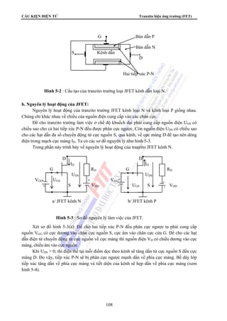 CẤU KIỆN ĐIỆN TỬ Tranzito hiệu ứng trường (FET) 
G Bán dẫn P 
S Kênh dẫn 
Hình 5-2 : Cấu tạo của tranzito trường loại JFET kênh dẫn loại N. 
D D 
ID ID 
G RD G RD 
UDS UDS 
+ 
VGG UGS VGG 
+ 
S VDD UGS S VDD 
a/ JFET kênh N b/ JFET kênh P 
Hình 5-3 : Sơ đồ nguyên lý làm việc của JFET. 
108 
b. Nguyên lý hoạt động của JFET: 
Bán dẫn N 
D 
Hai tiếp xúc P-N 
Nguyên lý hoạt động của tranzito trường JFET kênh loại N và kênh loại P giống nhau. 
Chúng chỉ khác nhau về chiều của nguồn điện cung cấp vào các chân cực. 
Để cho tranzito trường làm việc ở chế độ khuếch đại phải cung cấp nguồn điện UGS có 
chiều sao cho cả hai tiếp xúc P-N đều được phân cực ngược. Còn nguồn điện UDS có chiều sao 
cho các hạt dẫn đa số chuyển động từ cực nguồn S, qua kênh, về cực máng D để tạo nên dòng 
điện trong mạch cực máng ID. Ta có các sơ đồ nguyên lý như hình 5-3. 
Trong phần này trình bày về nguyên lý hoạt động của tranzito JFET kênh N. 
+ 
+ 
Xét sơ đồ hình 5-3(a): Để cho hai tiếp xúc P-N đều phân cực ngược ta phải cung cấp 
nguồn VGG có cực dương vào chân cực nguồn S, cực âm vào chân cực cửa G. Để cho các hạt 
dẫn điện tử chuyển động từ cực nguồn về cực máng thì nguồn điện VD có chiều dương vào cực 
máng, chiều âm vào cực nguồn. 
Khi UDS  0, thì điện thế tại mỗi điểm dọc theo kênh sẽ tăng dần từ cực nguồn S đến cực 
máng D. Do vậy, tiếp xúc P-N sẽ bị phân cực ngược mạnh dần về phía cực máng. Bề dày lớp 
tiếp xúc tăng dần về phía cực máng và tiết diện của kênh sẽ hẹp dần về phía cực máng (xem 
hình 5-4). 
 
