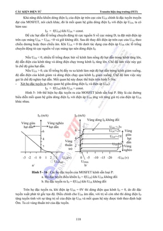 CẤU KIỆN ĐIỆN TỬ Tranzito hiệu ứng trường (FET) 
Khả năng điều khiển dòng điện ID của điện áp trên cực cửa UGS chính là đặc tuyến truyền 
đạt của MOSFET, nói cách khác, đó là mối quan hệ giữa dòng điện ID với điện áp UGS, ta có 
hàm sau: 
ID = f(UGS) khi UDS = const. 
Để các hạt dẫn lỗ trống chuyển động từ cực nguồn S về cực máng D, ta đặt một điện áp 
trên cực máng UDS = UDS1 0 và giữ không đổi. Sau đó thay đổi điện áp trên cực cửa UGS theo 
chiều dương hoặc theo chiều âm. Khi UGS = 0 thì dưới tác dụng của điện áp UDS các lỗ trống 
chuyển động từ cực nguồn về cực máng tạo nên dòng điện ID 
Nếu UGS  0, nhiều lỗ trống được hút về kênh làm nồng độ hạt dẫn trong kênh tăng lên, 
độ dẫn điện của kênh tăng và dòng điện chạy trong kênh ID tăng lên. Chế độ làm việc này gọi 
là chế độ giàu hạt dẫn. 
Nếu UGS  0, các lỗ trống bị đẩy ra xa kênh làm mật độ hạt dẫn trong kênh giảm xuống, 
độ dẫn điện của kênh giảm và dòng điện chạy qua kênh ID giảm xuống. Chế độ làm việc này 
gọi là chế độ nghèo hạt dẫn. Mối quan hệ này được thể hiện trên hình 5-16a. 
- Xét họ đặc tuyến ra (hay quan hệ giữa dòng điện ID và điện áp UDS): 
ID = f(UDS) khi UGS = const. 
Hình 5- 16b thể hiện họ đặc tuyến ra của MOSFET kênh sẵn loại P. Đây là các đường 
biểu diễn mối quan hệ giữa dòng điện ID với điện áp UDS ứng với từng giá trị của điện áp UGS 
khác nhau. 
ID (mA) ID (mA) 
Vùng dòng ID không đổi 
Vùng giàu Vùng nghèo 
hạt dẫn hạt dẫn UGS =-3v 
6 
4 
2 
UGS=-1V 
UGS=0V 
6 
4 
2 
Vùng 
thuần 
trở 
Trên họ đặc tuyến ra, khi điện áp UDS = 0V thì dòng điện qua kênh ID = 0, do đó đặc 
tuyến xuất phát từ gốc tọa độ. Điều chỉnh cho UDS âm dần, với trị số còn nhỏ thì dòng điện ID 
tăng tuyến tính với sự tăng trị số của điện áp UDS và mối quan hệ này được tính theo định luật 
Ôm. Ta có vùng thuần trở của đặc tuyến. 
118 
UGS=-2v Vùng 
giàu 
hạt 
dẫn 
Vùng 
nghèo 
-3 -2 -1 0 1 2 3 UGS(v) 0 -5 -10 -15 -20 -UDS (v) 
UGSngắt UDSbh 
a/ b/ 
Hình 5 - 16 : Các họ đặc tuyến của MOSFET kênh sẵn loại P: 
a. Họ đặc tuyến điều khiển ID = f(UGS) khi UDS không đổi 
b. Họ đặc tuyến ra ID = f(UDS) khi UGS không đổi 
 