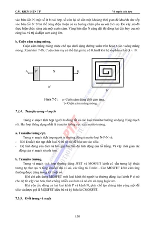CẤU KIỆN ĐIỆN TỬ Vi mạch tích hợp 
vào bán dẫn N, một số ít bị tái hợp, số còn lại sẽ cần một khoảng thời gian để khuếch tán tiếp 
vào bán dẫn N. Như thế dòng điện thuận có xu hướng chậm pha so với điện áp. Do vậy, nó đã 
thực hiện chức năng của một cuộn cảm. Vùng bán dẫn N càng dài thì dòng hạt dẫn bay qua nó 
càng lâu và trị số điện cảm càng lớn. 
A P+ N K 
150 
b. Cuộn cảm màng mỏng. 
Cuộn cảm màng mỏng được chế tạo dưới dạng đường xoắn tròn hoặc xoắn vuông màng 
mỏng. Xem hình 7-7b. Cuộn cảm này có thể đạt giá trị cỡ 0,1mH khi hệ số phẩm chất Q = 10. 
a/ 
7.3.4. Tranzito trong vi mạch 
Trong vi mạch tích hợp người ta dùng tất cả các loại tranzito thường sử dụng trong mạch 
rời. Hai loại thông dụng nhất là tranzito lưỡng cực và tranzito trường. 
a. Tranzito lưỡng cực. 
Trong vi mạch tích hợp người ta thường dùng tranzito loại N-P-N vì: 
- Khi khuếch tán tạp chất loại N thì nó rất dễ hòa tan vào silic. 
- Độ linh động của điện tử lớn gấp hai lần độ linh động của lỗ trống. Vì vậy thời gian tác 
động của vi mạch nhanh hơn. 
b. Tranzito trường. 
Trong vi mạch tích hợp thường dùng JFET và MOSFET kênh có sẵn trong kỹ thuật 
tương tự như tạo ra tầng khuếch đại vi sai, các tầng tải Emitơ... Còn MOSFET kênh cảm ứng 
thường được dùng trong kỹ thuật số. 
Khi chỉ cần dùng MOSFET một loại kênh thì người ta thường dùng loại kênh P vì nó 
cho độ tin cậy cao hơn, tính chống nhiễu cao hơn và nó chỉ sử dụng logic âm. 
Khi yêu cầu dùng cả hai loại kênh P và kênh N, phải chế tạo chúng trên cùng một đế 
silic và được gọi là MOSFET kiểu bù và ký hiệu là CMOSFET. 
7.3.5. Điốt trong vi mạch 
b/ 
Hình 7-7 : a- Cuộn cảm dùng điôt cảm ứng. 
b- Cuộn cảm màng mỏng. 
 