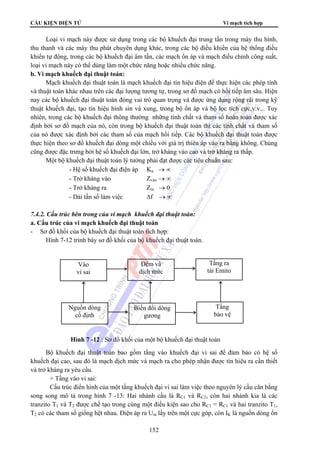 CẤU KIỆN ĐIỆN TỬ Vi mạch tích hợp 
Loại vi mạch này được sử dụng trong các bộ khuếch đại trung tần trong máy thu hình, 
thu thanh và các máy thu phát chuyên dụng khác, trong các bộ điều khiển của hệ thống điều 
khiển tự động, trong các bộ khuếch đại âm tần, các mạch ổn áp và mạch điều chỉnh công suất, 
loại vi mạch này có thể dùng làm một chức năng hoặc nhiều chức năng. 
b. Vi mạch khuếch đại thuật toán: 
Mạch khuếch đại thuật toán là mạch khuếch đại tín hiệu điện để thực hiện các phép tính 
và thuật toán khác nhau trên các đại lượng tương tự, trong sơ đồ mạch có hồi tiếp âm sâu. Hiện 
nay các bộ khuếch đại thuật toán đóng vai trò quan trọng và được ứng dụng rộng rãi trong kỹ 
thuật khuếch đại, tạo tín hiệu hình sin và xung, trong bộ ổn áp và bộ lọc tích cực,v.v... Tuy 
nhiên, trong các bộ khuếch đại thông thường những tính chất và tham số hoàn toàn được xác 
định bởi sơ đồ mạch của nó, còn trong bộ khuếch đại thuật toán thì các tính chất và tham số 
của nó được xác định bởi các tham số của mạch hồi tiếp. Các bộ khuếch đại thuật toán được 
thực hiện theo sơ đồ khuếch đại dòng một chiều với giá trị thiên áp vào ra bằng không. Chúng 
cũng được đặc trưng bởi hệ số khuếch đại lớn, trở kháng vào cao và trở kháng ra thấp. 
Một bộ khuếch đại thuật toán lý tưởng phải đạt được các tiêu chuẩn sau: 
- Hệ số khuếch đại điện áp Ku → ∞ 
- Trở kháng vào Zvào → ∞ 
- Trở kháng ra Zra → 0 
- Dải tần số làm việc Δf → ∞ 
7.4.2. Cấu trúc bên trong của vi mạch khuếch đại thuật toán: 
a. Cấu trúc của vi mạch khuếch đại thuật toán 
- Sơ đồ khối của bộ khuếch đại thuật toán tích hợp: 
Hình 7-12 trình bày sơ đồ khối của bộ khuếch đại thuật toán. 
Bộ khuếch đại thuật toán bao gồm tầng vào khuếch đại vi sai để đảm bảo có hệ số 
khuếch đại cao, sau đó là mạch dịch mức và mạch ra cho phép nhận được tín hiệu ra cần thiết 
và trở kháng ra yêu cầu. 
+ Tầng vào vi sai: 
Cấu trúc điển hình của một tầng khuếch đại vi sai làm việc theo nguyên lý cầu cân bằng 
song song mô tả trong hình 7 -13: Hai nhánh cầu là RC1 và RC2, còn hai nhánh kia là các 
tranzito T1 và T2 được chế tạo trong cùng một điều kiện sao cho RC1 = RC1 và hai tranzito T1, 
T2 có các tham số giống hệt nhau. Điện áp ra Ura lấy trên một cực góp, còn IK là nguồn dòng ổn 
152 
Tầng ra 
tải Emito 
Vào 
vi sai 
Đệm và 
dịch mức 
Tầng 
bảo vệ 
Nguồn dòng 
cố định 
Biến đổi dòng 
gương 
Hình 7 -12 : Sơ đồ khối của một bộ khuếch đại thuật toán 
 