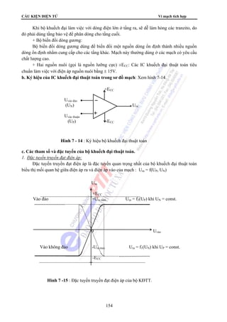 CẤU KIỆN ĐIỆN TỬ Vi mạch tích hợp 
Khi bộ khuếch đại làm việc với dòng điện lớn ở tầng ra, sẽ dễ làm hỏng các tranzito, do 
đó phải dùng tầng bảo vệ để phân dòng cho tầng cuối. 
+ Bộ biến đổi dòng gương: 
Bộ biến đổi dòng gương dùng để biến đổi một nguồn dòng ổn định thành nhiều nguồn 
dòng ổn định nhằm cung cấp cho các tầng khác. Mạch này thường dùng ở các mạch có yêu cầu 
chất lượng cao. 
+ Hai nguồn nuôi (gọi là nguồn lưỡng cực) ±ECC: Các IC khuếch đại thuật toán tiêu 
chuẩn làm việc với điện áp nguồn nuôi bằng ± 15V. 
b. Ký hiệu của IC khuếch đại thuật toán trong sơ đồ mạch: Xem hình 7-14. 
+ECC 
Uvào đảo 
(UN) Ura 
Uvào thuận 
(UP) -ECC 
Hình 7 - 14 : Ký hiệu bộ khuếch đại thuật toán 
c. Các tham số và đặc tuyến của bộ khuếch đại thuật toán. 
1. Đặc tuyến truyền đạt điện áp: 
Đặc tuyến truyền đạt điện áp là đặc tuyến quan trọng nhất của bộ khuếch đại thuật toán 
biểu thị mối quan hệ giữa điện áp ra và điện áp vào của mạch : Ura = f(UP, UN) 
Hình 7 -15 : Đặc tuyến truyền đạt điện áp của bộ KĐTT. 
154 
Ura 
+ECC 
Vào đảo +Ura max Ura = f2(UP) khi UN = const. 
0 Uvào 
Vào không đảo -Ura max Ura = f1(UN) khi UP = const. 
-ECC 
 