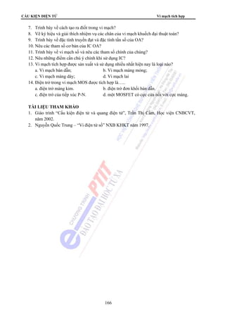 CẤU KIỆN ĐIỆN TỬ Vi mạch tích hợp 
7. Trình bày về cách tạo ra điốt trong vi mạch? 
8. Vẽ ký hiệu và giải thích nhiệm vụ các chân của vi mạch khuếch đại thuật toán? 
9. Trình bày về đặc tính truyền đạt và đặc tính tần số của OA? 
10. Nêu các tham số cơ bản của IC OA? 
11. Trình bày về vi mạch số và nêu các tham số chính của chúng? 
12. Nêu những điểm cần chú ý chính khi sử dụng IC? 
13. Vi mạch tích hợp được sản xuất và sử dụng nhiều nhất hiện nay là loại nào? 
a. Vi mạch bán dẫn; b. Vi mạch màng mỏng; 
c. Vi mạch màng dày; d. Vi mạch lai 
14. Điện trở trong vi mạch MOS được tích hợp là….. 
a. điện trở màng kim. b. điện trở đơn khối bán dẫn. 
c. điện trở của tiếp xúc P-N. d. một MOSFET có cực cửa nối với cực máng. 
TÀI LIỆU THAM KHẢO 
1. Giáo trình “Cấu kiện điện tử và quang điện tử”, Trần Thị Cầm, Học viện CNBCVT, 
166 
năm 2002. 
2. Nguyễn Quốc Trung – “Vi điện tử số” NXB KHKT năm 1997. 
 
