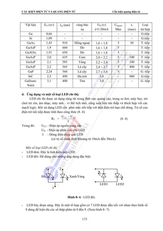 CẤU KIỆN ĐIỆN TỬ VÀ QUANG ĐIỆN TỬ Cấu kiện quang điện tử 
Vật liệu EG (ev) λp (nm) vùng bức 
xạ 
1 2 
Đỏ Xanh/Vàng 
Hình 8- 6 : LED đôi. 
173 
UD (v) 
ở I=20mA 
Ungược 
Max 
tr 
(nsec) 
Loại 
tái hợp 
Ge 0,66 - - - - - G.tiếp 
Si 1,09 - - - - - G.tiếp 
GaAs 1,43 910 Hồng ngoại 1,6 ÷ 1,8 5 50 T. tiếp 
GaAsP 1,9 660 Đỏ 1,6 ÷ 1,8 5 T. tiếp 
GaAlAs 1,91 650 Đỏ 1,6 ÷ 1,8 5 T. tiếp 
GaAsP 2,0 635 Cam 2,0 ÷ 2,2 5 100 T. tiếp 
GaAsP 2,1 585 Vàng 2,2 ÷ 2,4 5 100 T. tiếp 
GaAsP 2,2 565 Lá cây 2,4 ÷ 2,7 5 400 T. tiếp 
GaP 2,24 560 Lá cây 2,7 ÷ 3,0 5 - G. tiếp 
SiC 2,5 490 Da trời 3,0 - 900 G.tiếp 
Gallium- 
3,1 400 Tím 3,0 - - G. tiếp 
Nitrit 
d. Ứng dụng và một số loại LED chỉ thị: 
LED chỉ thị được sử dụng rộng rãi trong lĩnh vực quảng cáo, trong xe hơi, máy bay, trò 
chơi trẻ em, âm nhạc, máy ảnh... vì thể tích nhỏ, công suất tiêu tán thấp và thích hợp với các 
mạch logic. Khi sử dụng LED cần phải mắc nối tiếp với một điện trở hạn chế dòng. Trị số của 
điện trở nối tiếp được tính theo công thức (8. 4): 
RT = 
U UCC D − 
I 
(8. 4) 
Trong đó: UCC - Điện áp nguồn cung cấp 
UD - Điện áp phân cực cho LED 
I - Dòng điện chạy qua LED 
(có trị số danh định khoảng từ 10mA đến 30mA) 
 Một số loại LED chỉ thị: 
- LED đơn: Đây là linh kiện một LED. 
- LED đôi: Để dùng cho những ứng dụng đặc biệt: 
LED1 LED2 
3 
- LED bảy đoạn sáng: Đây là một tổ hợp gồm có 7 LED được đấu nối với nhau theo hình số 
8 dùng để hiện thị các số thập phân từ 0 đến 9. (Xem hình 8- 7). 
 