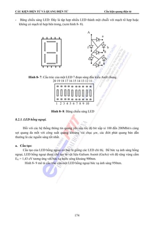 CẤU KIỆN ĐIỆN TỬ VÀ QUANG ĐIỆN TỬ Cấu kiện quang điện tử 
- Băng chiếu sáng LED: Đây là tập hợp nhiều LED thành một chuỗi với mạch tổ hợp hoặc 
không có mạch tổ hợp bên trong, (xem hình 8- 8). 
A 
a 
f b 
g 
e c 
d 
Hình 8- 7: Cấu trúc của một LED 7 đoạn sáng đấu kiểu Anôt chung. 
20 19 18 17 16 15 14 13 12 11 
1 2 3 4 5 6 7 8 9 10 
Hình 8- 8: Băng chiếu sáng LED 
174 
8.2.3. LED hồng ngoại. 
Đối với các hệ thống thông tin quang yêu cầu tốc độ bit xấp xỉ 100 đến 200Mbit/s cùng 
sợi quang đa mốt với công suất quang khoảng vài chục μw, các điôt phát quang bán dẫn 
thường là các nguồn sáng tốt nhất. 
a. Cấu tạo: 
Cấu tạo của LED hồng ngoại cơ bản là giống các LED chỉ thị. Để bức xạ ánh sáng hồng 
ngoại, LED hồng ngoại được chế tạo từ vật liệu Galium Asenit (GaAs) với độ rộng vùng cấm 
EG = 1,43 eV tương ứng với bức xạ bước sóng khoảng 900nm. 
Hình 8- 9 mô tả cấu trúc của một LED hồng ngoại bức xạ ánh sáng 950nm. 
 