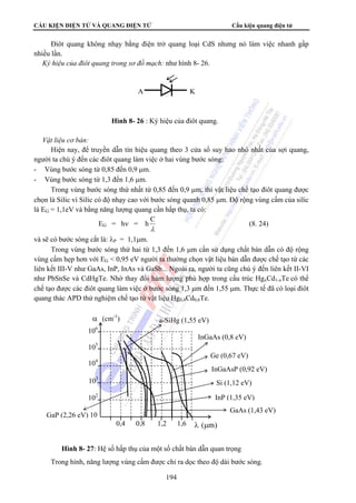 CẤU KIỆN ĐIỆN TỬ VÀ QUANG ĐIỆN TỬ Cấu kiện quang điện tử 
Điôt quang không nhạy bằng điện trở quang loại CdS nhưng nó làm việc nhanh gấp 
nhiều lần. 
 Ký hiệu của điôt quang trong sơ đồ mạch: như hình 8- 26. 
A K 
Hình 8- 26 : Ký hiệu của điôt quang. 
C (8. 24) 
α (cm-1) 
a-SiHg (1,55 eV) 
0,4 0,8 1,2 1,6 
Hình 8- 27: Hệ số hấp thụ của một số chất bán dẫn quan trọng 
194 
 Vật liệu cơ bản: 
Hiện nay, để truyền dẫn tín hiệu quang theo 3 cửa sổ suy hao nhỏ nhất của sợi quang, 
người ta chú ý đến các điôt quang làm việc ở hai vùng bước sóng: 
- Vùng bước sóng từ 0,85 đến 0,9 μm. 
- Vùng bước sóng từ 1,3 đến 1,6 μm. 
Trong vùng bước sóng thứ nhất từ 0,85 đến 0,9 μm, thì vật liệu chế tạo điôt quang được 
chọn là Silic vì Silic có độ nhạy cao với bước sóng quanh 0,85 μm. Độ rộng vùng cấm của silic 
là EG = 1,1eV và bằng năng lượng quang cần hấp thụ, ta có: 
EG = hν = h 
λ 
và sẽ có bước sóng cắt là: λP = 1,1μm. 
Trong vùng bước sóng thứ hai từ 1,3 đến 1,6 μm cần sử dụng chất bán dẫn có độ rộng 
vùng cấm hẹp hơn với EG  0,95 eV người ta thường chọn vật liệu bán dẫn được chế tạo từ các 
liên kết III-V như GaAs, InP, InAs và GaSb... Ngoài ra, người ta cũng chú ý đến liên kết II-VI 
như PbSnSe và CdHgTe. Nhờ thay đổi hàm lượng phù hợp trong cấu trúc HgxCd1-xTe có thể 
chế tạo được các điôt quang làm việc ở bước sóng 1,3 μm đến 1,55 μm. Thực tế đã có loại điôt 
quang thác APD thử nghiệm chế tạo từ vật liệu Hg0,4Cd0,6Te. 
106 
105 
104 
103 
102 
10 
InGaAs (0,8 eV) 
Ge (0,67 eV) 
InGaAsP (0,92 eV) 
Si (1,12 eV) 
InP (1,35 eV) 
λ (μm) 
GaP (2,26 eV) 
GaAs (1,43 eV) 
Trong hình, năng lượng vùng cấm được chỉ ra dọc theo độ dài bước sóng. 
 