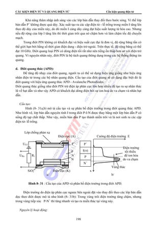 CẤU KIỆN ĐIỆN TỬ VÀ QUANG ĐIỆN TỬ Cấu kiện quang điện tử 
Khả năng thâm nhập ánh sáng vào các lớp bán dẫn thay đổi theo bước sóng. Vì thế lớp 
bán dẫn P+ không được quá dày. Xác suất tạo ra các cặp điện tử - lỗ trống trong miền I tăng lên 
theo độ dày của miền này, do đó miền I càng dày càng đạt hiệu suất lượng tử hóa cao. Nhưng 
nếu độ rộng của lớp I tăng lên thì thời gian trôi qua nó chậm hơn và làm chậm tốc độ chuyển 
mạch. 
Trong điôt PIN không có khuếch đại và hiệu suất cực đại là đơn vị, độ rộng băng tần có 
thể giới hạn bởi hằng số thời gian điện dung - điện trở ngoài. Trên thực tế, độ rộng băng có thể 
đạt 10 GHz. Điôt quang loại PIN có dòng điện tối rất nhỏ nên tiếng ồn thấp hơn so với điện trở 
quang. Vì nguyên nhân này, điôt PIN là bộ tách quang thông dụng trong các hệ thống thông tin 
quang. 
198 
d. Điôt quang thác (APD): 
Để tăng độ nhạy của điôt quang, người ta có thể sử dụng hiệu ứng giống như hiệu ứng 
nhân điện tử trong các bộ nhân quang điện. Cấu tạo của điôt quang sẽ có dạng đặc biệt đó là 
điôt quang với hiệu ứng quang thác APD - Avalanche Photodiodes. 
Điôt quang thác giống như điôt PIN trừ điện áp phân cực lớn hơn nhiều để tạo ra sự nhân thác 
lũ về hạt dẫn và như vậy APD có khuếch đại dòng điện bởi sự ion hoá do va chạm và nhân hạt 
dẫn. 
 Cấu tạo: 
Hình (8- 31a,b) mô tả cấu tạo và sự phân bố điện trường trong điôt quang thác APD. 
Như hình vẽ, lớp bán dẫn nguyên tính I trong điôt P-I-N được thay bằng một lớp bán dẫn P có 
nồng độ tạp chất thấp. Như vậy, miền bán dẫn P tạo thành miền trôi và là nơi sinh ra các cặp 
điện tử- lỗ trống. 
Lớp chống phản xạ 
P+ 
I(π) 
P 
N+ 
Điện trường do điện áp phân cực ngược bên ngoài đặt vào thay đổi theo các lớp bán dẫn 
dọc theo điôt được mô tả như hình (8- 31b): Trong vùng trôi điện trường tăng chậm, nhưng 
trong vùng tiếp xúc P-N+ thì tăng nhanh và tạo ra miền thác tại vùng này. 
 Nguyên lý hoạt động: 
Điện cực (A) Cường độ điện trường E 
UCC P+ 
Điện trường 
P tối thiểu 
URa Rt N+ để ion hóa 
N do va chạm 
Vùng thác 
SiO2 Điện cực (K) x 
a/ b/ 
Hình 8- 31 : Cấu tạo của APD và phân bố điện trường trong điôt APD. 
 
