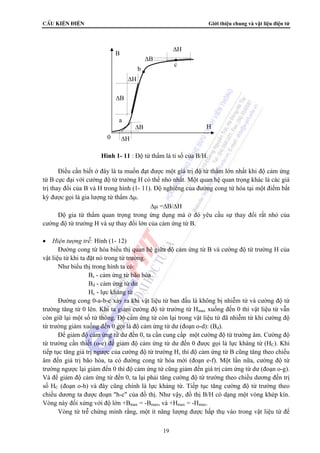 CÊu kiÖn ®iÖn Giới thiệu chung và vật liệu điện tử 
B 
ΔB 
a 
ΔH 
ΔH 
b 
ΔB 
ΔB 
ΔH 
c 
H 
0 
Hình 1- 11 : Độ từ thẩm là tỉ số của B/H. 
Điều cần biết ở đây là ta muốn đạt được một giá trị độ từ thẩm lớn nhất khi độ cảm ứng 
từ B cực đại với cường độ từ trường H có thể nhỏ nhất. Một quan hệ quan trọng khác là các giá 
trị thay đổi của B và H trong hình (1- 11). Độ nghiêng của đường cong từ hóa tại một điểm bất 
kỳ được gọi là gia lượng từ thẩm Δμ. 
Δμ =ΔB/ΔH 
Độ gia từ thẩm quan trọng trong ứng dụng mà ở đó yêu cầu sự thay đổi rất nhỏ của 
cường độ từ trường H và sự thay đổi lớn của cảm ứng từ B. 
19 
• Hiện tượng trễ: Hình (1- 12) 
Đường cong từ hóa biểu thị quan hệ giữa độ cảm ứng từ B và cường độ từ trường H của 
vật liệu từ khi ta đặt nó trong từ trường. 
Như biểu thị trong hình ta có: 
Bs - cảm ứng từ bão hòa 
Bd - cảm ứng từ dư 
Hc - lực kháng từ 
Đường cong 0-a-b-c xảy ra khi vật liệu từ ban đầu là không bị nhiễm từ và cường độ từ 
trường tăng từ 0 lên. Khi ta giảm cường độ từ trường từ Hmax xuống đến 0 thì vật liệu từ vẫn 
còn giữ lại một số từ thông. Độ cảm ứng từ còn lại trong vật liệu từ đã nhiễm từ khi cường độ 
từ trường giảm xuống đến 0 gọi là độ cảm ứng từ dư (đoạn o-d): (Bd). 
Để giảm độ cảm ứng từ dư đến 0, ta cần cung cấp một cường độ từ trường âm. Cường độ 
từ trường cần thiết (o-e) để giảm độ cảm ứng từ dư đến 0 được gọi là lực kháng từ (HC). Khi 
tiếp tục tăng giá trị ngược của cường độ từ trường H, thì độ cảm ứng từ B cũng tăng theo chiều 
âm đến giá trị bão hòa, ta có đường cong từ hóa mới (đoạn e-f). Một lần nữa, cường độ từ 
trường ngược lại giảm đến 0 thì độ cảm ứng từ cũng giảm đến giá trị cảm ứng từ dư (đoạn o-g). 
Và để giảm độ cảm ứng từ đến 0, ta lại phải tăng cường độ từ trường theo chiều dương đến trị 
số HC (đoạn o-h) và đây cũng chính là lực kháng từ. Tiếp tục tăng cường độ từ trường theo 
chiều dương ta được đoạn "h-c" của đồ thị. Như vậy, đồ thị B/H có dạng một vòng khép kín. 
Vòng này đối xứng với độ lớn +Bmax = -Bmax, và +Hmax = -Hmax. 
Vòng từ trễ chứng minh rằng, một ít năng lượng được hấp thụ vào trong vật liệu từ để 
 