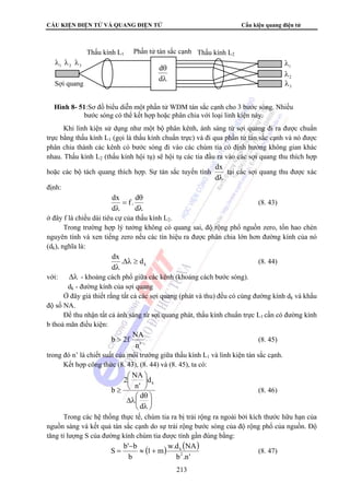 CẤU KIỆN ĐIỆN TỬ VÀ QUANG ĐIỆN TỬ Cấu kiện quang điện tử 
Thấu kính L1 Thấu kính L2 
d 
θ 
d 
λ 
1 2 3 λ λ λ 
Khi linh kiện sử dụng như một bộ phân kênh, ánh sáng từ sợi quang đi ra được chuẩn 
trực bằng thấu kính L1 (gọi là thấu kính chuẩn trực) và đi qua phần tử tán sắc cạnh và nó được 
phân chia thành các kênh có bước sóng đi vào các chùm tia có định hướng không gian khác 
nhau. Thấu kính L2 (thấu kính hội tụ) sẽ hội tụ các tia đầu ra vào các sợi quang thu thích hợp 
hoặc các bộ tách quang thích hợp. Sự tán sắc tuyến tính 
dx (8. 43) 
b  2f NA (8. 45) 
S b' b 2 
1 m w.d NA 
213 
dx tại các sợi quang thu được xác 
dλ 
định: 
f. d 
θ 
= 
λ d 
λ 
d 
ở đây f là chiều dài tiêu cự của thấu kính L2. 
Trong trường hợp lý tưởng không có quang sai, độ rộng phổ nguồn zero, tổn hao chèn 
nguyên tính và xen tiếng zero nếu các tín hiệu ra được phân chia lớn hơn đường kính của nó 
(dk), nghĩa là: 
dx Δλ ≥ 
λ 
k . d 
d 
(8. 44) 
với: Δλ - khoảng cách phổ giữa các kênh (khoảng cách bước sóng). 
dk - đường kính của sợi quang 
Ở đây giả thiết rằng tất cả các sợi quang (phát và thu) đều có cùng đường kính dk và khẩu 
độ số NA. 
Để thu nhận tất cả ánh sáng từ sợi quang phát, thấu kính chuẩn trực L1 cần có đường kính 
b thoả mãn điều kiện: 
n' 
trong đó n’ là chiết suất của môi trường giữa thấu kính L1 và linh kiện tán sắc cạnh. 
Kết hợp công thức (8. 43), (8. 44) và (8. 45), ta có: 
⎞ 
⎟⎠ 
⎞ 
2 NA 
d 
⎛ 
λ 
⎜⎝ 
θ 
⎛ 
Δλ 
⎟⎠ 
⎜⎝ 
≥ 
d 
d 
n' 
b 
k 
(8. 46) 
Trong các hệ thống thực tế, chùm tia ra bị trải rộng ra ngoài bởi kích thước hữu hạn của 
nguồn sáng và kết quả tán sắc cạnh do sự trải rộng bước sóng của độ rộng phổ của nguồn. Độ 
tăng tỉ lượng S của đường kính chùm tia được tính gần đúng bằng: 
( ) ( ) 
b .n' 
b 
≈ + k 
− 
= (8. 47) 
Sợi quang 
Phần tử tán sắc cạnh 
1 λ 
2 λ 
3 λ 
Hình 8- 51:Sơ đồ biểu diễn một phần tử WDM tán sắc cạnh cho 3 bước sóng. Nhiều 
bước sóng có thể kết hợp hoặc phân chia với loại linh kiện này. 
 