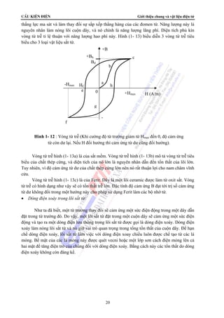 CÊu kiÖn ®iÖn Giới thiệu chung và vật liệu điện tử 
thắng lực ma sát và làm thay đổi sự sắp xếp thẳng hàng của các đomen từ. Năng lượng này là 
nguyên nhân làm nóng lõi cuộn dây, và nó chính là năng lượng lãng phí. Diện tích phủ kín 
vòng từ trễ tỉ lệ thuận với năng lượng hao phí này. Hình (1- 13) biểu diễn 3 vòng từ trễ tiêu 
biểu cho 3 loại vật liệu sắt từ. 
+B 
0 
Vòng từ trễ hình (1- 13a) là của sắt mềm. Vòng từ trễ hình (1- 13b) mô tả vòng từ trễ tiêu 
biểu của chất thép cứng, và diện tích của nó lớn là nguyên nhân dẫn đến tổn thất của lõi lớn. 
Tuy nhiên, vì độ cảm ứng từ dư của chất thép cứng lớn nên nó rất thuận lợi cho nam châm vĩnh 
cửu. 
Vòng từ trễ hình (1- 13c) là của Ferit. Đây là một lõi ceramic được làm từ oxit sắt. Vòng 
từ trễ có hình dạng như vậy sẽ có tổn thất trễ lớn. Đặc tính độ cảm ứng B đạt tới trị số cảm ứng 
từ dư không đổi trong một hướng này cho phép sử dụng Ferit làm các bộ nhớ từ. 
• Dòng điện xoáy trong lõi sắt từ: 
Như ta đã biết, một từ trường thay đổi sẽ cảm ứng một sức điện động trong một dây dẫn 
đặt trong từ trường đó. Do vậy, một lõi sắt từ đặt trong một cuộn dây sẽ cảm ứng một sức điện 
động và tạo ra một dòng điện lưu thông trong lõi sắt từ được gọi là dòng điện xoáy. Dòng điện 
xoáy làm nóng lõi sắt từ và nó giữ vai trò quan trọng trong tổng tổn thất của cuộn dây. Để hạn 
chế dòng điện xoáy, lõi sắt từ làm việc với dòng điện xoay chiều luôn được chế tạo từ các lá 
mỏng. Bề mặt của các lá mỏng này được quét vecni hoặc một lớp sơn cách điện mỏng lên cả 
hai mặt để tăng điện trở của chúng đối với dòng điện xoáy. Bằng cách này các tổn thất do dòng 
điện xoáy không còn đáng kể. 
20 
+Bb. 
Bd 
+Hmax 
-Hmax 
- 
H (A/m) 
HC 
e 
f 
g 
a 
b 
h 
c 
Hình 1- 12 : Vòng từ trễ (Khi cường độ từ trường giảm từ Hmax đến 0, độ cảm ứng 
từ còn dư lại. Nếu H đổi hướng thì cảm ứng từ dư cũng đổi hướng). 
 