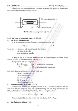 CÊu kiÖn ®iÖn tö Cấu kiện điện tử thụ động 
Cấu trúc của điện trở có nhiều dạng khác nhau. Một cách tổng quát ta có cấu trúc tiêu 
biểu của một điện trở như mô tả trong hình 2-2. 
max [W] (2.3) 
28 
Mũ chụp và chân điện trở 
Vỏ bọc Lõi Vật liệu cản điện 
Hình 2.2: Kết cấu đơn giản của một điện trở 
2.1.2. Các tham số kỹ thuật đặc trưng của điện trở 
a. Trị số điện trở và dung sai 
+ Trị số của điện trở là tham số cơ bản và được tính theo công thức: 
R = ρ l 
S 
( 2. 2) 
Trong đó: ρ - là điện trở suất của vật liệu dây dẫn cản điện 
l- là chiều dài dây dẫn 
S - là tiết diện của dây dẫn 
+ Dung sai hay sai số của điện trở biểu thị mức độ chênh lệch giữa trị số thực tế của 
điện trở so với trị số danh định và được tính theo %. 
Dung sai được tính theo công thức: 
100% 
R R 
t.t d.d − 
R 
d.d 
t.t 
R 
Dựa vào % dung sai, ta chia điện trở ở 5 cấp chính xác: 
Cấp 005: có sai số ± 0,5 % 
Cấp 01: có sai số ± 1 % 
Cấp I: có sai số ± 5 % 
Cấp II: có sai số ± 10 % 
Cấp III: có sai số ± 20 % 
b. Công suất tiêu tán danh định: (Pt.tmax) 
Công suất tiêu tán danh định cho phép của điện trở Pt.t.max là công suất điện cao nhất mà 
điện trở có thể chịu đựng được trong điều kiện bình thường, làm việc trong một thời gian dài 
không bị hỏng. Nếu quá mức đó điện trở sẽ nóng cháy và không dùng được. 
Pt.t.max = RI2 
max = 
U2 
R 
Với yêu cầu đảm bảo cho điện trở làm việc bình thường thì Ptt < Pttmax. 
c. Hệ số nhiệt của điện trở : TCR 
⎩ ⎨ ⎧ 
d.d 
R 
Trị số thực tế của điện trở 
Trị số danh định của điện trở 
 