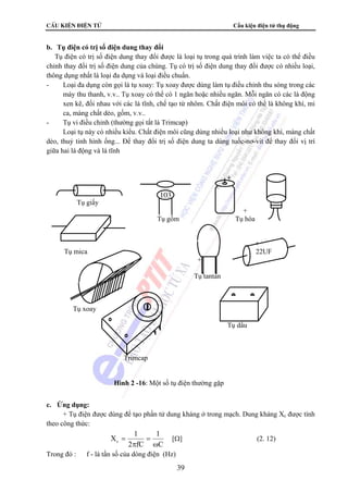 CÊu kiÖn ®iÖn tö Cấu kiện điện tử thụ động 
b. Tụ điện có trị số điện dung thay đổi 
Tụ điện có trị số điện dung thay đổi được là loại tụ trong quá trình làm việc ta có thể điều 
chỉnh thay đổi trị số điện dung của chúng. Tụ có trị số điện dung thay đổi được có nhiều loại, 
thông dụng nhất là loại đa dụng và loại điều chuẩn. 
- Loại đa dụng còn gọi là tụ xoay: Tụ xoay được dùng làm tụ điều chỉnh thu sóng trong các 
máy thu thanh, v.v.. Tụ xoay có thể có 1 ngăn hoặc nhiều ngăn. Mỗi ngăn có các lá động 
xen kẽ, đối nhau với các lá tĩnh, chế tạo từ nhôm. Chất điện môi có thể là không khí, mi 
ca, màng chất dẻo, gốm, v.v.. 
- Tụ vi điều chỉnh (thường gọi tắt là Trimcap) 
Loại tụ này có nhiều kiểu. Chất điện môi cũng dùng nhiều loại như không khí, màng chất 
dẻo, thuỷ tinh hình ống... Để thay đổi trị số điện dung ta dùng tuốc-nơ-vit để thay đổi vị trí 
giữa hai lá động và lá tĩnh 
= [Ω] (2. 12) 
39 
c. Ứng dụng: 
+ Tụ điện được dùng để tạo phần tử dung kháng ở trong mạch. Dung kháng Xc được tính 
theo công thức: 
X 1 c ω 
1 
C 
2 fC 
= 
π 
Trong đó : f - là tần số của dòng điện (Hz) 
+ 
Tụ giấy 
+ 
Tụ gốm Tụ hóa 
+ 
Tụ mica 22UF 
+ 
Tụ tantan 
Tụ xoay 
Tụ dầu 
Trimcap 
103 
Hình 2 -16: Một số tụ điện thường gặp 
 