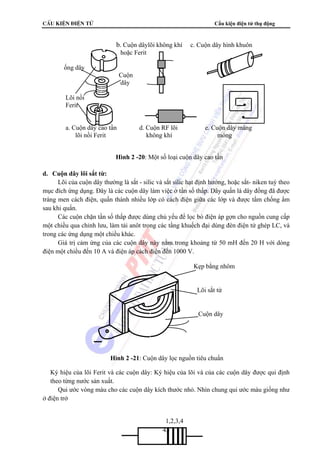 CÊu kiÖn ®iÖn tö Cấu kiện điện tử thụ động 
43 
d. Cuộn dây lõi sắt từ: 
Lõi của cuộn dây thường là sắt - silic và sắt silic hạt định hướng, hoặc sắt- niken tuỳ theo 
mục đích ứng dụng. Đây là các cuộn dây làm việc ở tần số thấp. Dây quấn là dây đồng đã được 
tráng men cách điện, quấn thành nhiều lớp có cách điện giữa các lớp và được tẩm chống ẩm 
sau khi quấn. 
Các cuộn chặn tần số thấp được dùng chủ yếu để lọc bỏ điện áp gợn cho nguồn cung cấp 
một chiều qua chỉnh lưu, làm tải anôt trong các tầng khuếch đại dùng đèn điện tử ghép LC, và 
trong các ứng dụng một chiều khác. 
Giá trị cảm ứng của các cuộn dây này nằm trong khoảng từ 50 mH đến 20 H với dòng 
điện một chiều đến 10 A và điện áp cách điện đến 1000 V. 
 Ký hiệu của lõi Ferit và các cuộn dây: Ký hiệu của lõi và của các cuộn dây được qui định 
theo từng nước sản xuất. 
Qui ước vòng màu cho các cuộn dây kích thước nhỏ. Nhìn chung qui ước màu giống như 
ở điện trở 
b. Cuộn dâylõi không khí c. Cuộn dây hình khuôn 
hoặc Ferit 
ống dây 
Cuộn 
dây 
Lõi nồi 
Ferit 
a. Cuộn dây cao tần d. Cuộn RF lõi e. Cuộn dây màng 
lõi nồi Ferit không khí mỏng 
Hình 2 -20: Một số loại cuộn dây cao tần 
Kẹp bằng nhôm 
Lõi sắt từ 
Cuộn dây 
Hình 2 -21: Cuộn dây lọc nguồn tiêu chuẩn 
1,2,3,4 
 