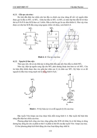 CẤU KIỆN ĐIỆN TỬ Cấu kiện Thyristo
133
6.2.1. Cấu tạo của triac:
Do tính dẫn điện hai chiều nên hai đầu ra chính của triac dùng để nối với nguồn điện
được gọi là đầu ra MT1 và MT2 . Giữa hai đầu ra MT1 và MT2 có năm lớp bán dẫn bố trí theo
thứ tự P-N-P-N như SCR theo cả 2 chiều. Đầu ra thứ ba gọi là cực điều khiển G. Như vậy triac
được coi như hai SCR đấu song song ngược chiều với nhau, xem hình 6-4.
6.2.2. Nguyên lý làm việc:
Theo quy ước, tất cả các điện áp và dòng điện đều quy ước theo đầu ra chính MT1.
Như vậy, điện áp nguồn cung cấp cho MT2 phải dương (hoặc âm) hơn so với MT1. Còn
tín hiệu điều khiển được đưa vào giữa hai chân cực G và chân cực MT1. Ký hiệu và sơ đồ
nguyên lý đấu triac trong mạch mô tả trong hình 6-5a,b.
Đặc tuyến Vôn-Ampe của triac được biểu diễn trong hình 6- 6. Đặc tuyến thể hiện khả
năng dẫn điện hai chiều của triac.
Phương pháp kích cổng của triac cũng giống như SCR chỉ khác là có thể dùng cả dòng
dương hay dòng âm cho cả phần tư thứ I và phần tư thứ III của đặc tuyến Vôn- Ampe của triac.
Có hai phương pháp kích khởi động cho triac hoạt động nhạy nhất là:
MT1
MT2
K1
K2
A2
A1
G1
G2
N N
P
N
P
N
G MT1
MT2
MT2
MT1G
Hình 6- 4: Cấu tạo của triac
U
MT2 I
Rt
MT2
G
MT1 IG
MT1
a/ b/
Hình 6 – 5: Ký hiệu (a) và sơ đồ nguyên lý (b) của triac
 