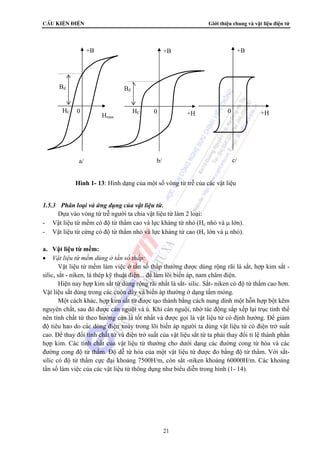 CÊu kiÖn ®iÖn Giới thiệu chung và vật liệu điện tử
21
1.5.3 Phân loại và ứng dụng của vật liệu từ.
Dựa vào vòng từ trễ người ta chia vật liệu từ làm 2 loại:
- Vật liệu từ mềm có độ từ thẩm cao và lực kháng từ nhỏ (Hc nhỏ và μ lớn).
- Vật liệu từ cứng có độ từ thẩm nhỏ và lực kháng từ cao (Hc lớn và μ nhỏ).
a. Vật liệu từ mềm:
• Vật liệu từ mềm dùng ở tần số thấp:
Vật liệu từ mềm làm việc ở tần số thấp thường được dùng rộng rãi là sắt, hợp kim sắt -
silic, sắt - niken, lá thép kỹ thuật điện... để làm lõi biến áp, nam châm điện.
Hiện nay hợp kim sắt từ dùng rộng rãi nhất là sắt- silic. Sắt- niken có độ từ thẩm cao hơn.
Vật liệu sắt dùng trong các cuộn dây và biến áp thường ở dạng tấm mỏng.
Một cách khác, hợp kim sắt từ được tạo thành bằng cách nung dính một hỗn hợp bột kẽm
nguyên chất, sau đó được cán nguội và ủ. Khi cán nguội, nhờ tác động sắp xếp lại trục tinh thể
nên tính chất từ theo hướng cán là tốt nhất và được gọi là vật liệu từ có định hướng. Để giảm
độ tiêu hao do các dòng điện xoáy trong lõi biến áp người ta dùng vật liệu từ có điện trở suất
cao. Để thay đổi tính chất từ và điện trở suất của vật liệu sắt từ ta phải thay đổi tỉ lệ thành phần
hợp kim. Các tính chất của vật liệu từ thường cho dưới dạng các đường cong từ hóa và các
đường cong độ từ thẩm. Độ dễ từ hóa của một vật liệu từ được đo bằng độ từ thẩm. Với sắt-
silic có độ từ thẩm cực đại khoảng 7500H/m, còn sắt -niken khoảng 60000H/m. Các khoảng
tần số làm việc của các vật liệu từ thông dụng như biểu diễn trong hình (1- 14).
Hình 1- 13: Hình dạng của một số vòng từ trễ của các vật liệu
+B
+HHC 0
Bd
+B
Hmax
HC 0
Bd
+B
+H0
a/ b/ c/
 