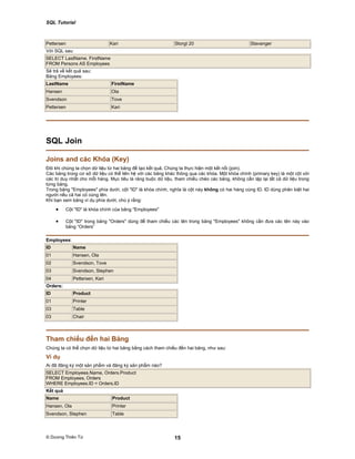 SQL Tutorial
© Dương Thiên Tứ 15
Pettersen Kari Storgt 20 Stavanger
Với SQL sau:
SELECT LastName, FirstName
FROM Persons AS Employees
Sẽ trả về kết quả sau:
Bảng Employees:
LastName FirstName
Hansen Ola
Svendson Tove
Pettersen Kari
SQL Join
Joins and các Khóa (Key)
Đôi khi chúng ta chọn dữ liệu từ hai bảng để tạo kết quả, Chúng ta thực hiện một kết nối (join).
Các bảng trong cơ sở dữ liệu có thể liên hệ với các bảng khác thông qua các khóa. Một khóa chính (primary key) là một cột với
các trị duy nhất cho mỗi hàng. Mục tiêu là ràng buộc dữ liệu, tham chiếu chéo các bảng, không cần lặp lại tất cả dữ liệu trong
từng bảng.
Trong bảng "Employees" phía dưới, cột "ID" là khóa chính, nghĩa là cột này không có hai hàng cùng ID. ID dùng phân biệt hai
người nếu cả hai có cùng tên.
Khi bạn xem bảng ví dụ phía dưới, chú ý rằng:
• Cột "ID" là khóa chính của bảng "Employees"
• Cột "ID" trong bảng "Orders" dùng để tham chiếu các tên trong bảng "Employees" không cần đưa các tên này vào
bảng “Orders”
Employees:
ID Name
01 Hansen, Ola
02 Svendson, Tove
03 Svendson, Stephen
04 Pettersen, Kari
Orders:
ID Product
01 Printer
03 Table
03 Chair
Tham chiếu đến hai Bảng
Chúng ta có thể chọn dữ liệu từ hai bảng bằng cách tham chiếu đến hai bảng, như sau:
Ví dụ
Ai đã đăng ký một sản phẩm và đăng ký sản phẩm nào?
SELECT Employees.Name, Orders.Product
FROM Employees, Orders
WHERE Employees.ID = Orders.ID
Kết quả
Name Product
Hansen, Ola Printer
Svendson, Stephen Table
 