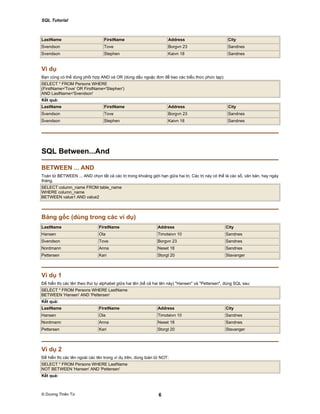 SQL Tutorial
© Dương Thiên Tứ 6
LastName FirstName Address City
Svendson Tove Borgvn 23 Sandnes
Svendson Stephen Kaivn 18 Sandnes
Ví dụ
Bạn cũng có thể dùng phối hợp AND và OR (dùng dấu ngoặc đơn để bao các biểu thức phức tạp):
SELECT * FROM Persons WHERE
(FirstName='Tove' OR FirstName='Stephen')
AND LastName='Svendson'
Kết quả:
LastName FirstName Address City
Svendson Tove Borgvn 23 Sandnes
Svendson Stephen Kaivn 18 Sandnes
SQL Between...And
BETWEEN ... AND
Toán tử BETWEEN ... AND chọn tất cả các trị trong khoảng giới hạn giữa hai trị. Các trị này có thể là các số, văn bản, hay ngày
tháng.
SELECT column_name FROM table_name
WHERE column_name
BETWEEN value1 AND value2
Bảng gốc (dùng trong các ví dụ)
LastName FirstName Address City
Hansen Ola Timoteivn 10 Sandnes
Svendson Tove Borgvn 23 Sandnes
Nordmann Anna Neset 18 Sandnes
Pettersen Kari Storgt 20 Stavanger
Ví dụ 1
Để hiển thị các tên theo thứ tự alphabet giữa hai tên (kể cả hai tên này) "Hansen" và "Pettersen", dùng SQL sau:
SELECT * FROM Persons WHERE LastName
BETWEEN 'Hansen' AND 'Pettersen'
Kết quả:
LastName FirstName Address City
Hansen Ola Timoteivn 10 Sandnes
Nordmann Anna Neset 18 Sandnes
Pettersen Kari Storgt 20 Stavanger
Ví dụ 2
Để hiển thị các tên ngoài các tên trong ví dụ trên, dùng toán tử NOT:
SELECT * FROM Persons WHERE LastName
NOT BETWEEN 'Hansen' AND 'Pettersen'
Kết quả:
 