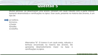 Questão 5
Muitas pessoas, ao desenharem uma árvore, retratam um caule robusto com a parte inferior
bastante desenvolvida e ramificações no ápice. Esse caule, presente na maioria das árvores, é um
tipo de:
a) rizóforo.
b) tronco.
c) haste.
d) bulbo.
e) estolho.
Alternativa “b”. O tronco é um caule ereto, robusto e
lenhoso encontrado na maioria das árvores. Ele
apresenta desenvolvimento maior na base e
ramificações no ápice.
 