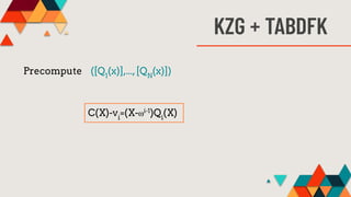 KZG + TABDFK
Precompute ([Q1
(x)],...,[QN
(x)])
C(X)-vi
=(X-⍵i-1
)Qi
(X)
 