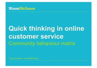 Quick thinking in online
customer service
Community behaviour matrix

Clive Andrews - NixonMcInnes

Page 1 | Community behaviour matrix
 