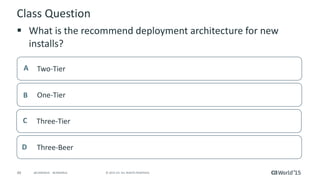 49 © 2015 CA. ALL RIGHTS RESERVED.@CAWORLD #CAWORLD
Class Question
 What is the recommend deployment architecture for new
installs?
Two-TierA
One-TierB
Three-TierC
Three-BeerD
 
